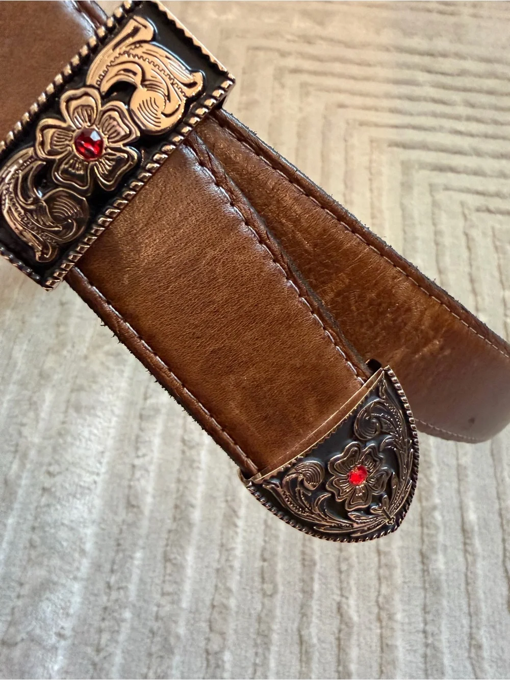 Women's Brown Leather Double Western Buckle Belt with Silver Floral Accents